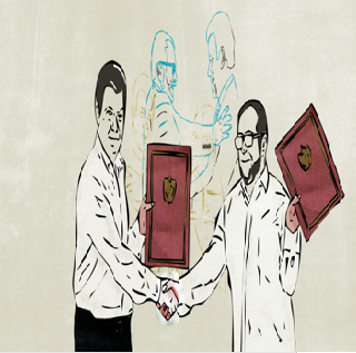 Caricatura de Juan Manuel Santos y Rodrigo Londoño, alias Timochenko, estrechándose la mano durante la firma del Acuerdo Final de Paz, ambos sostienen una carpeta roja.